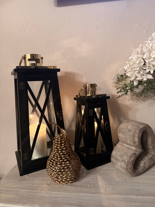 Set of 2 Rustic Farmhouse Wooden Lanterns with Metal Frame & Glass – 55cm & 40cm
