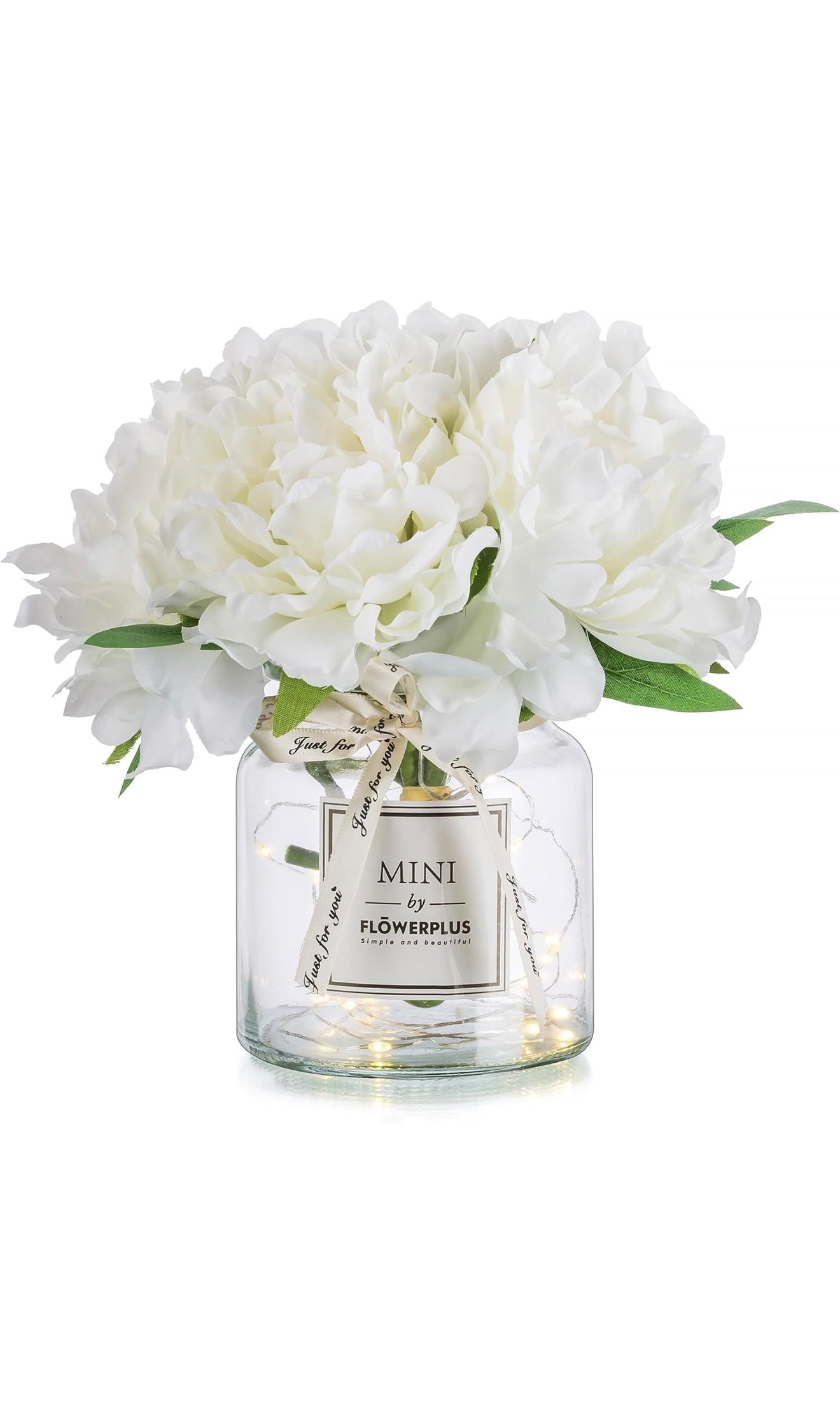 White Artificial Peony in Glass Vase with LED Light – Elegant Faux Flower Arrangement for Table or Desk Décor