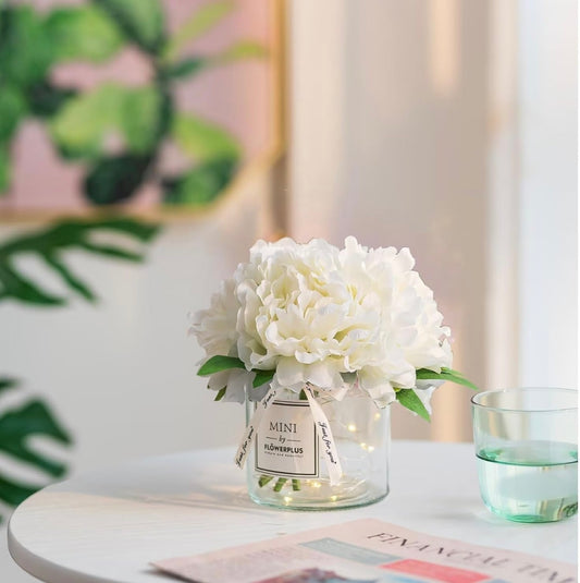 White Artificial Peony in Glass Vase with LED Light – Elegant Faux Flower Arrangement for Table or Desk Décor