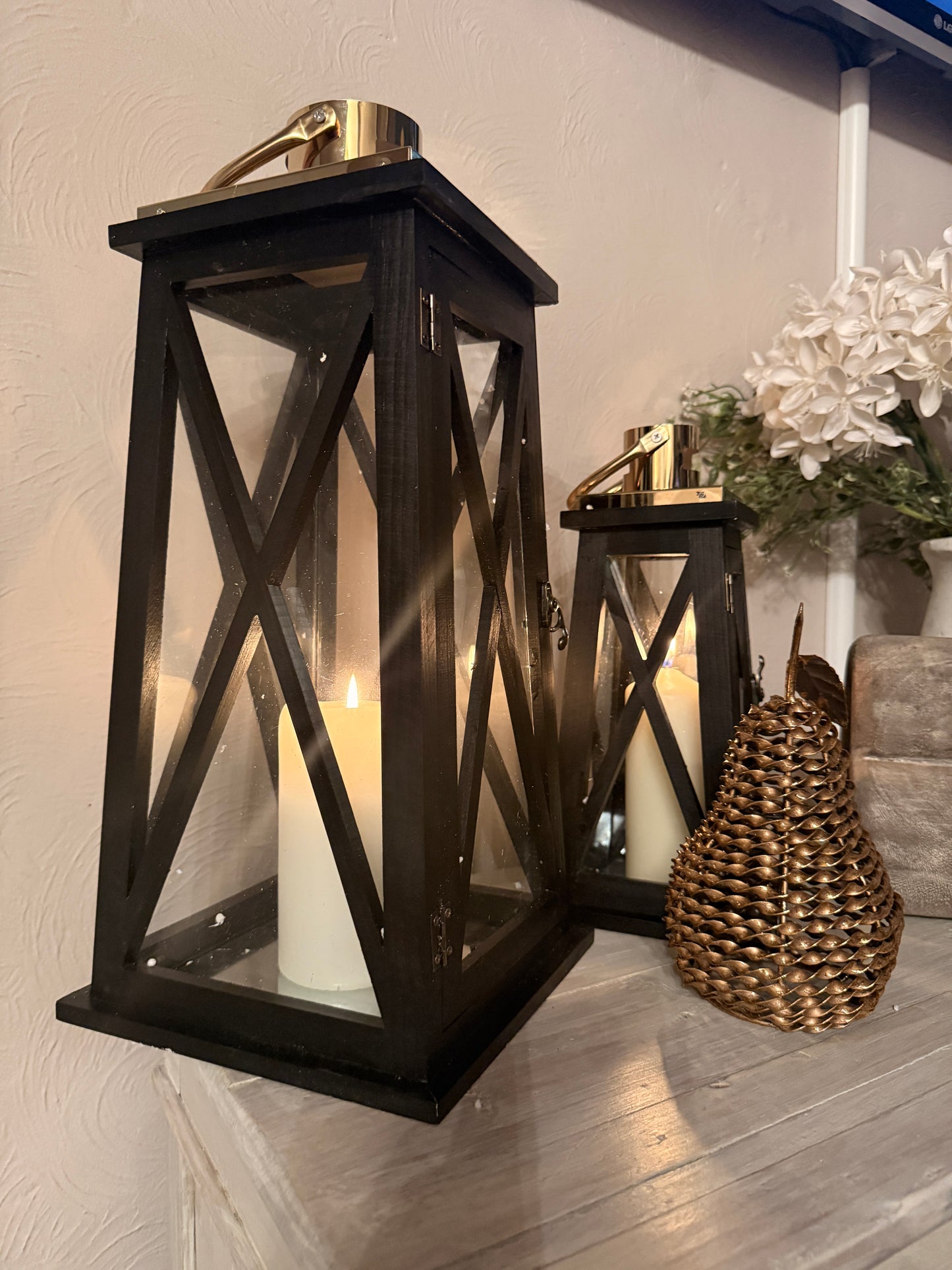 Set of 2 Rustic Farmhouse Wooden Lanterns with Metal Frame & Glass – 55cm & 40cm