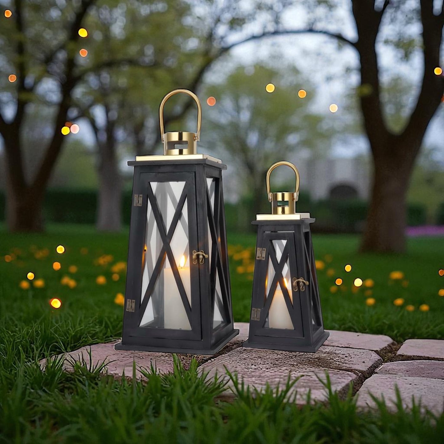 Set of 2 Rustic Farmhouse Wooden Lanterns with Metal Frame & Glass – 55cm & 40cm