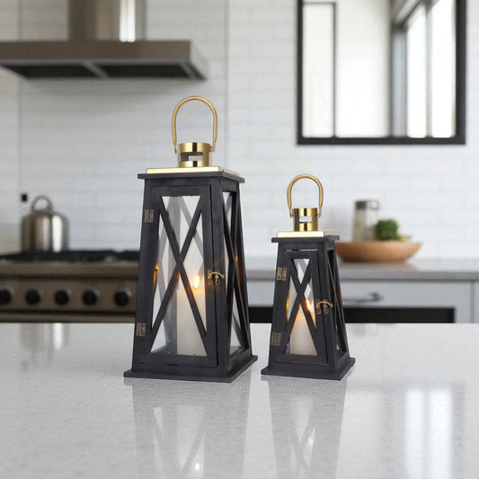 Set of 2 Rustic Farmhouse Wooden Lanterns with Metal Frame & Glass – 55cm & 40cm