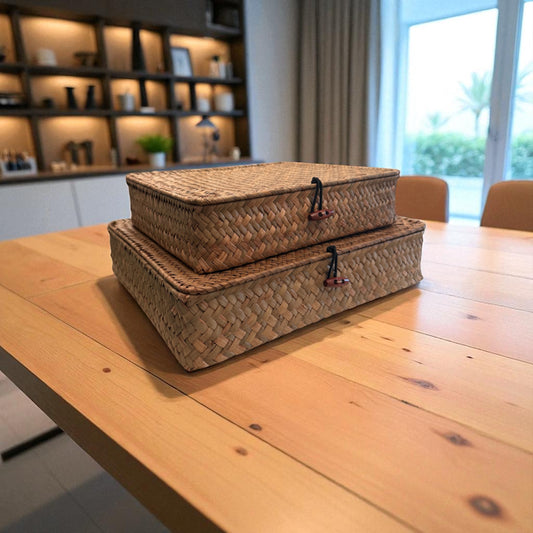 Set of 2 Natural Seagrass Storage Boxes with Lids – Rectangular Wicker Baskets for Shelf Organization, Stackable Design (Large + Small)