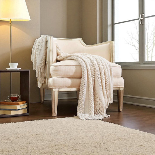 Farmhouse Knit Throw Blanket – Soft Lightweight Cozy Blanket for Sofa, Couch & Bed (127x152cm Beige/Ivory)